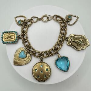 Germany vintage Victorian Revival gold tone blue turquoise glass charm bracelet